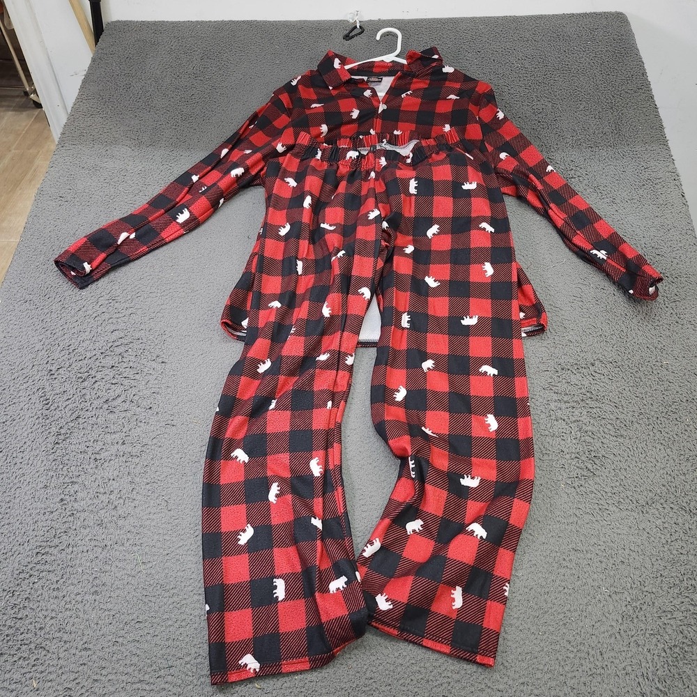 PJ's & Presents Pajama Set Womens Large Red Plaid Fleece Button Sleep Bears